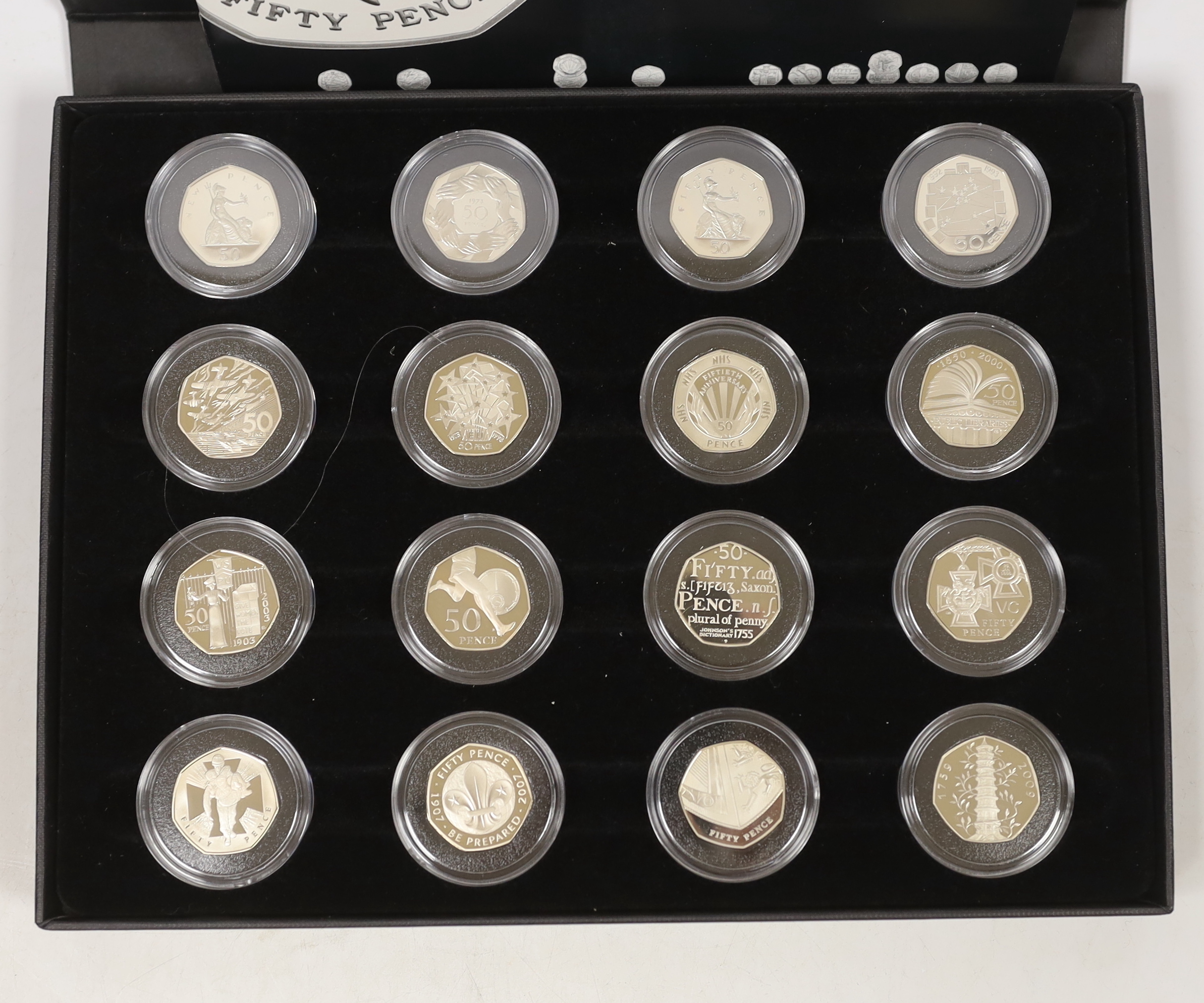 Royal Mint UK 50p proof collection 40th anniversary (1969–2009) to include the scarce Kew Gardens 2009 50p, cased